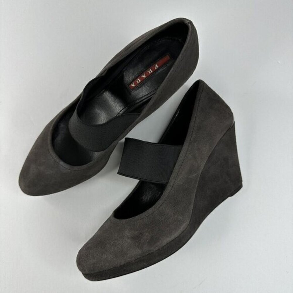 Prada Linea Rossa Dark Gray Suede Mary Jane Wedge Shoes 37.5 Womens - Picture 3 of 17